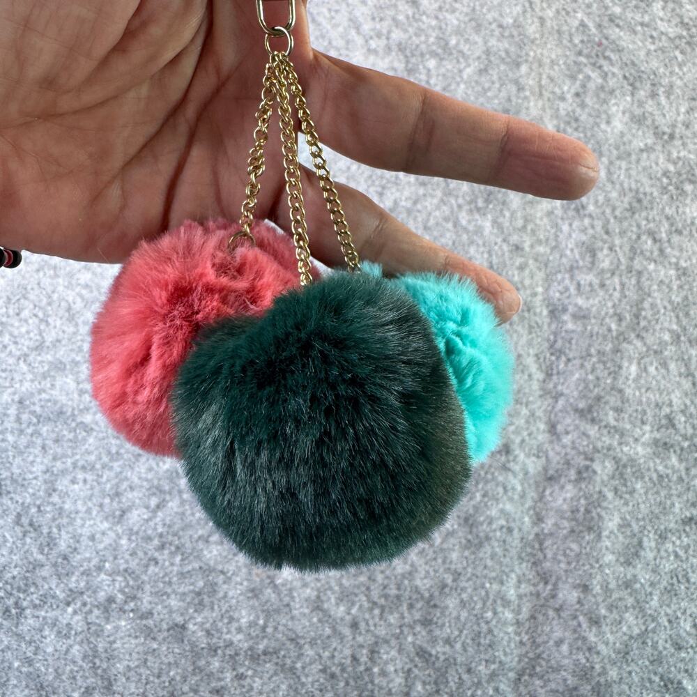Pompom Keychain or Purse Rabbit Fur Ball Style 4cm Trio and and Mauve 8cm